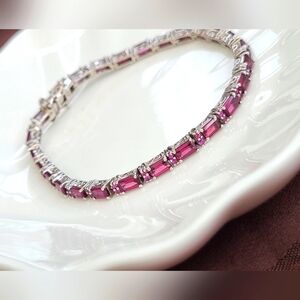Vintage Boho Sterling Silver 925 Pink Ruby Baguette Tennis Cocktail Bracelet